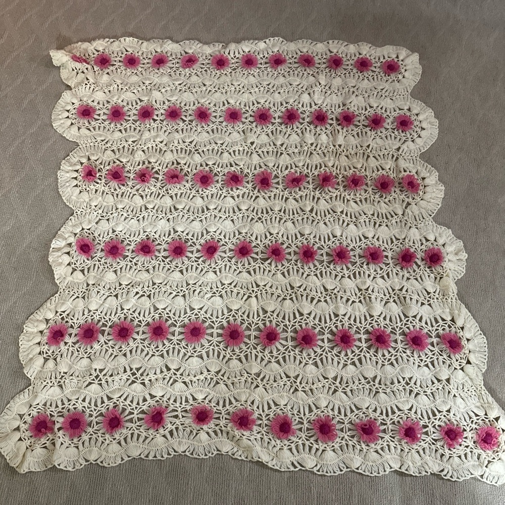Vintage Handmade Crochet Blanket Afghan 60x53” Pink White Nursery Baby Throw